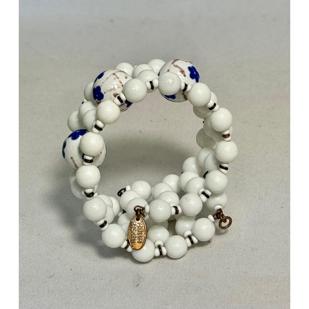 Miriam Haskell Necklace, bracelet & earrings, white beads hand painted floral - Picture 8 of 10